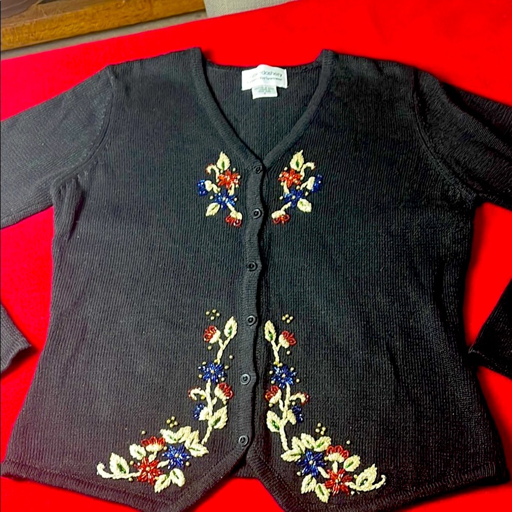 Leslie Fay haberdashery knitted Embroidered Button-Up Cardigan Sweater